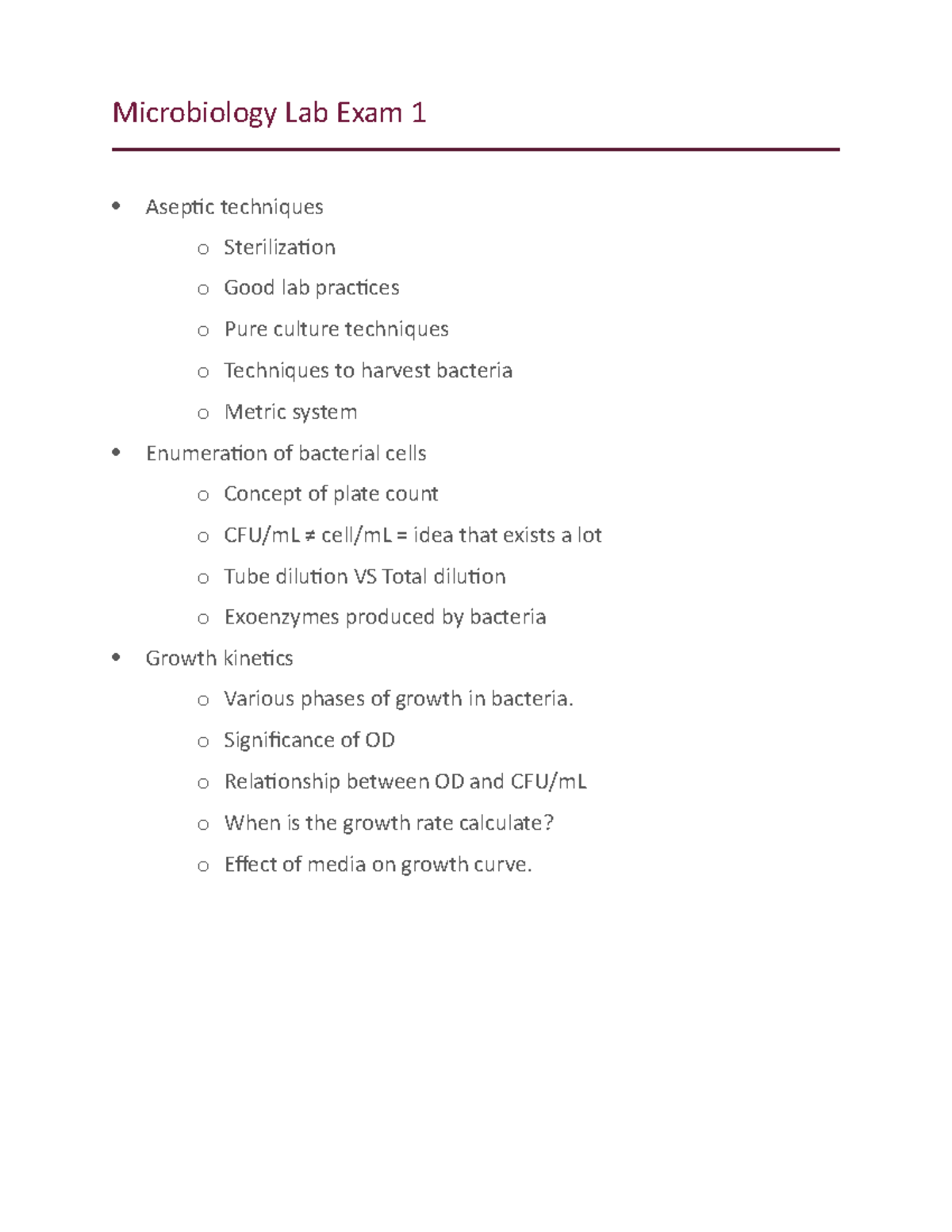 Microbiology Lab Exam 1 - o Significance of OD o Relationship between ...