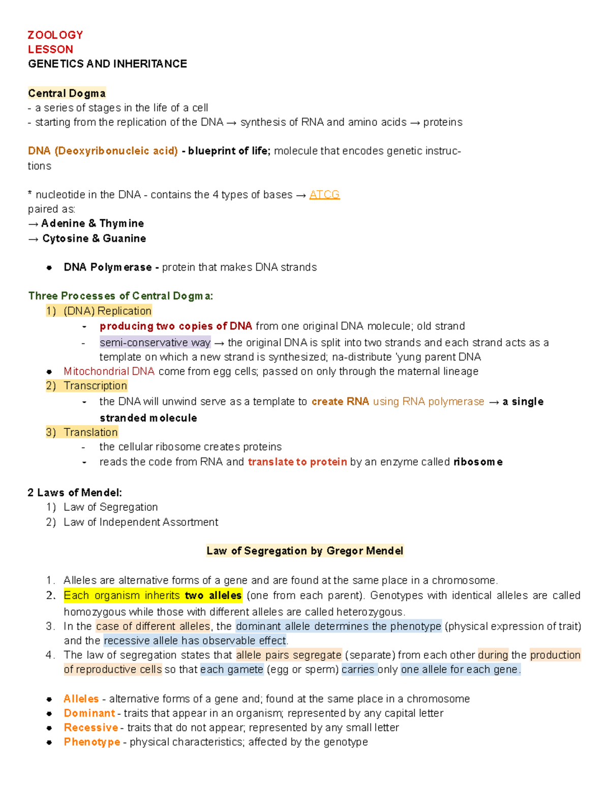 ZOO 101 - Genetics and Inheritance: Key Concepts and Processes - Studocu