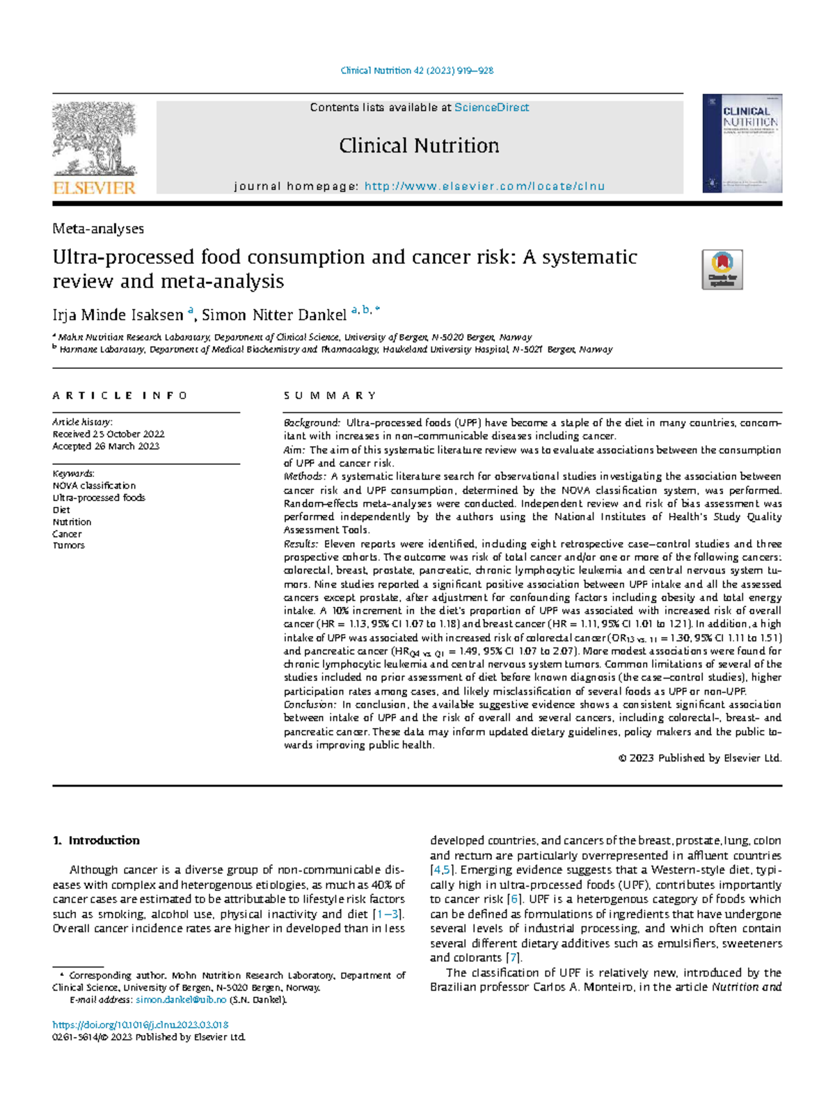 Systematic Review of UPF Consumption and Cancer Risk: Clinical ...