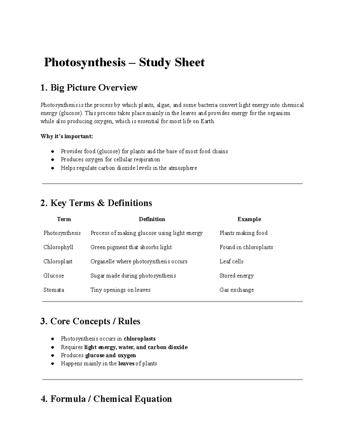Photosynthesis Study Sheet: Key Concepts & Definitions - Studocu