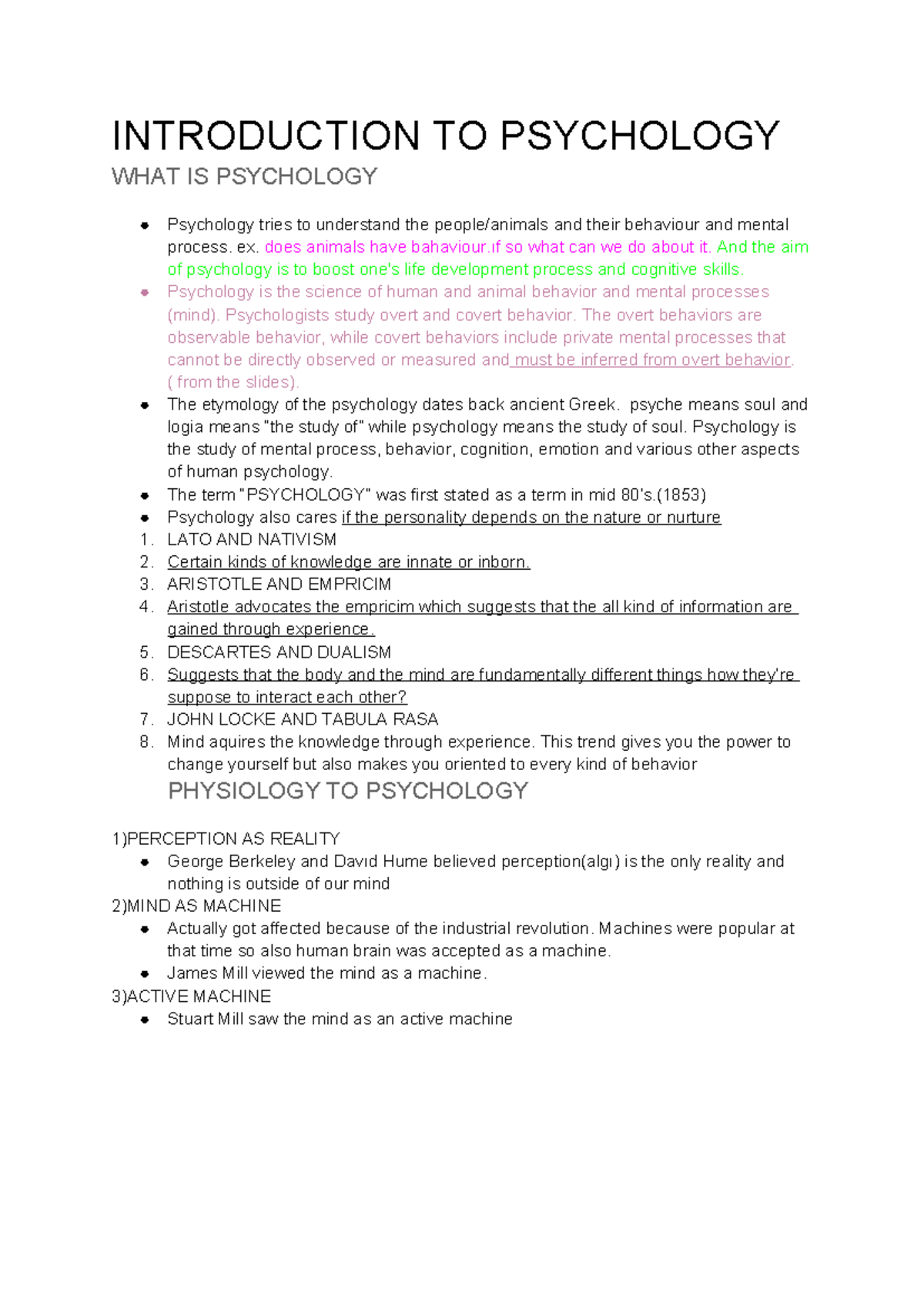 PSY 101 Introduction to Psychology Lecture Notes - Studocu