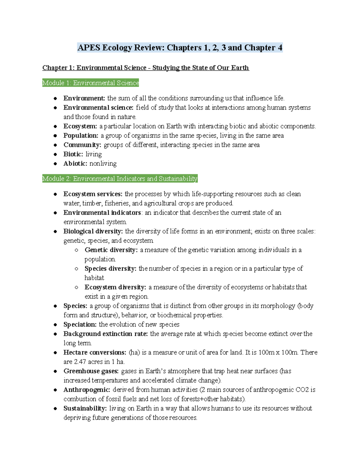 APES 101 Ecology Test Study Guide: Key Concepts from Chapters 1-4 - Studocu
