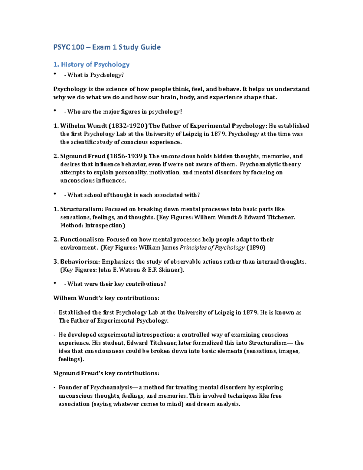 PSYC 100 - Exam 1 Study Guide: Key Concepts in Psychology - Studocu