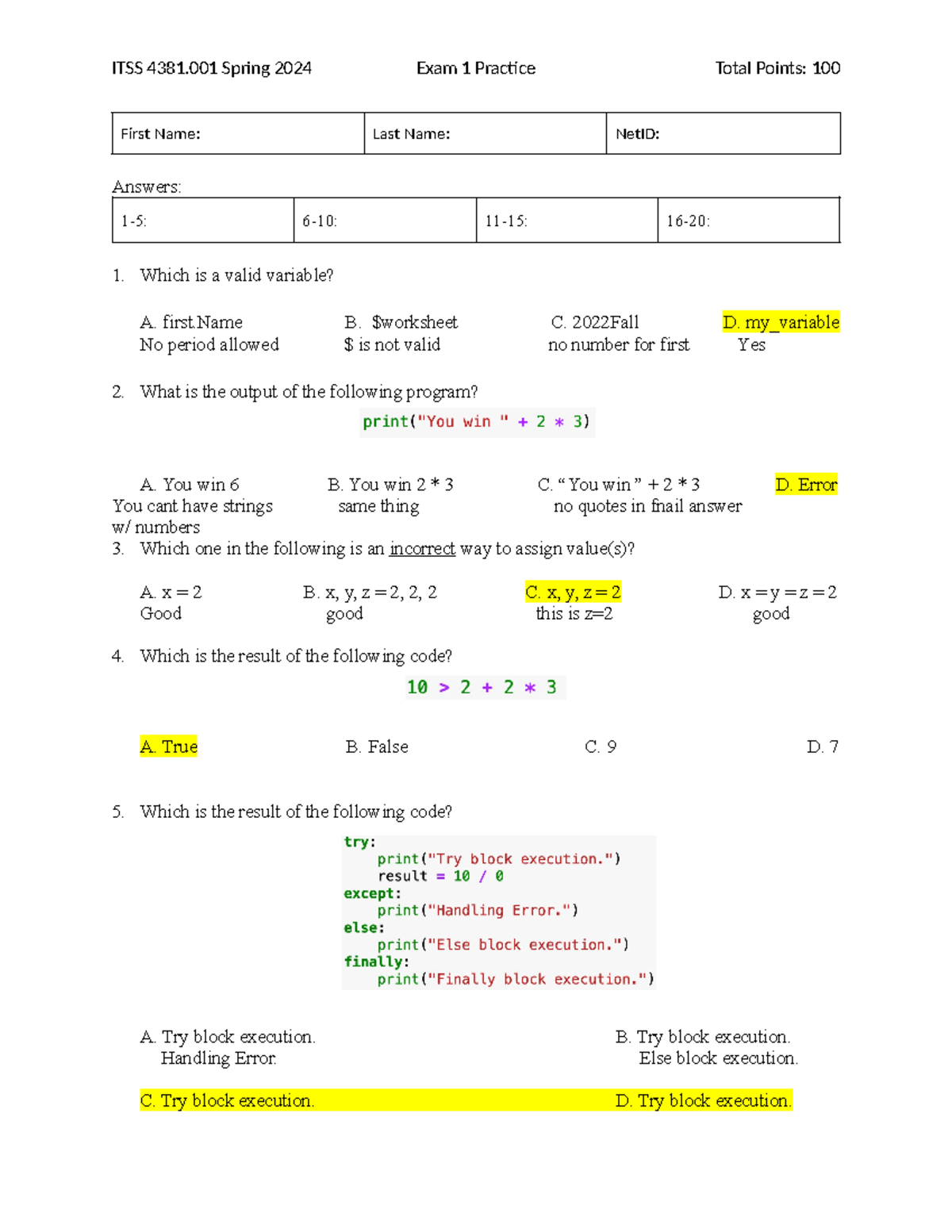 CIS101 Exam 1 Practice Questions and Answers - Studocu