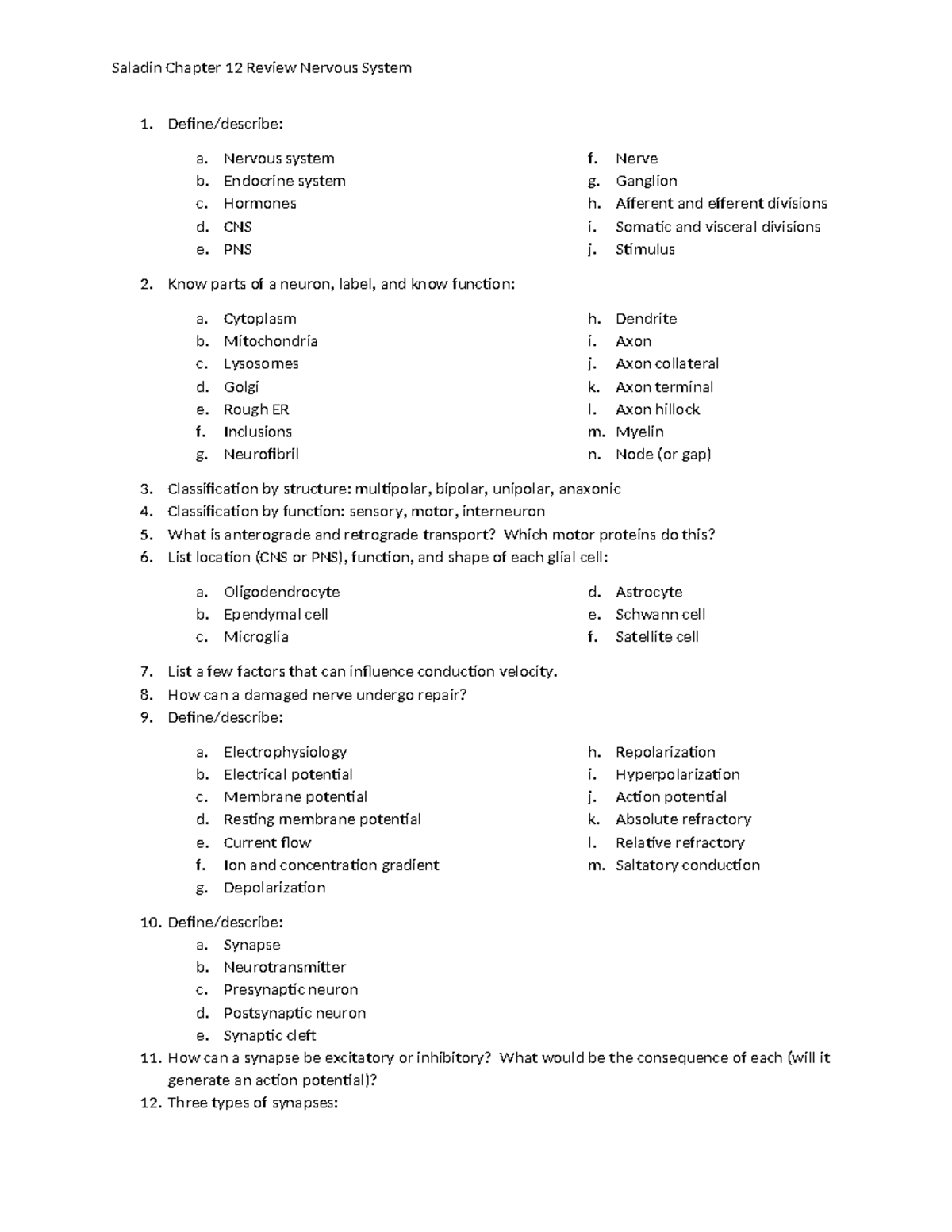 Saladin CH 12 Review: Nervous System Key Concepts & Terminology - Studocu