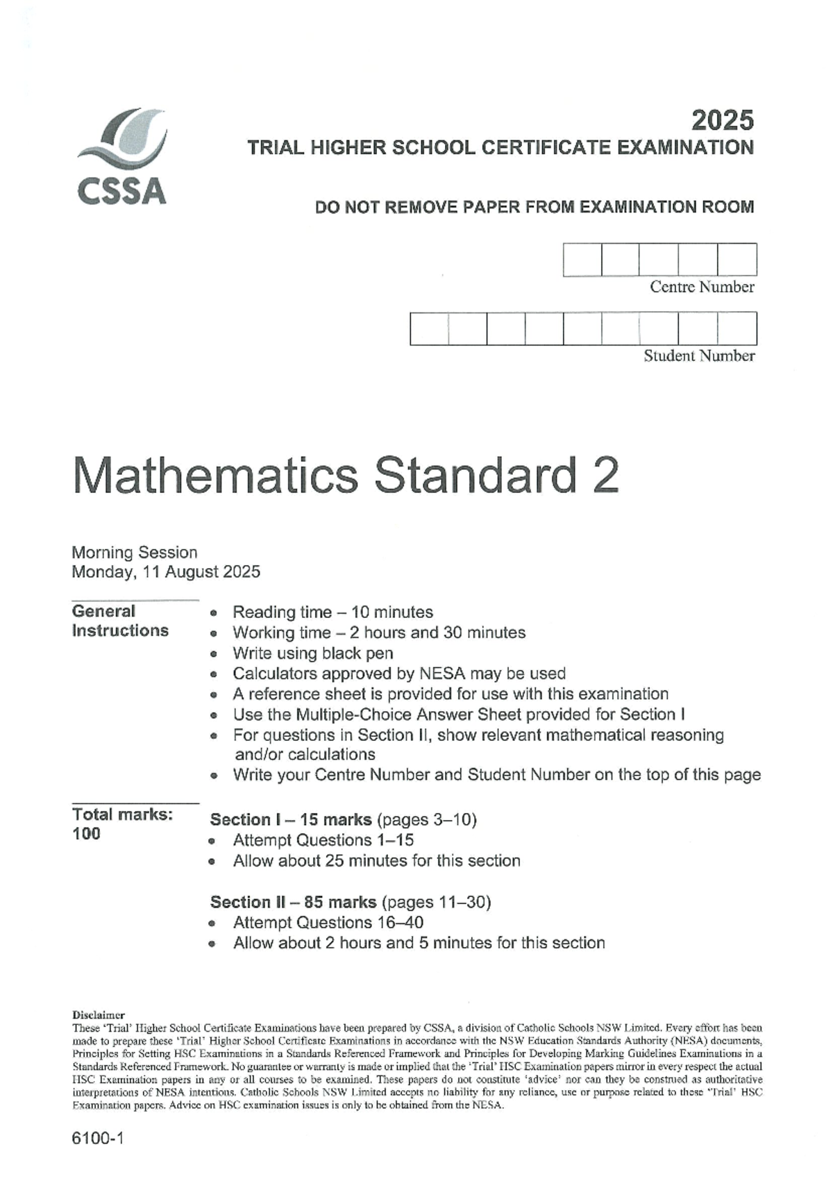 2025 HSC Mathematics Standard 2 Trial Exam Paper - Studocu