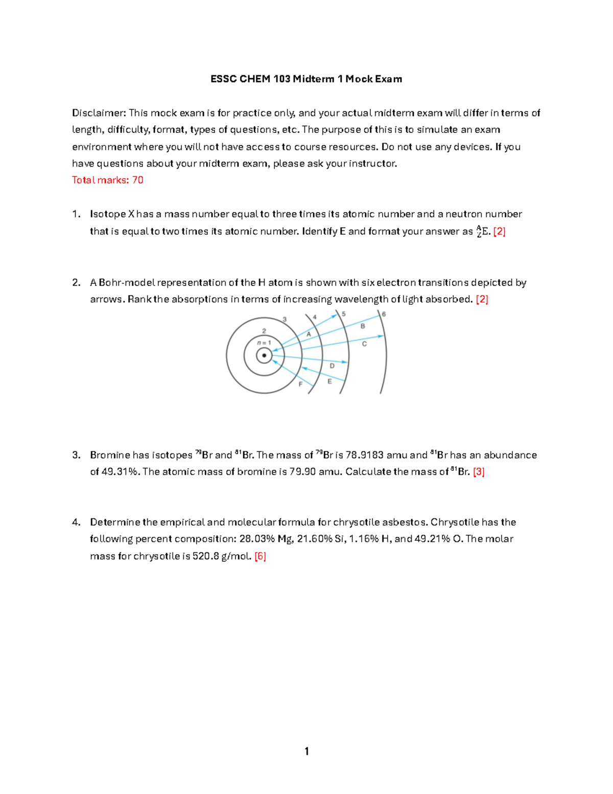 CHEM 103 Midterm 1 Mock Exam Practice Questions - Studocu