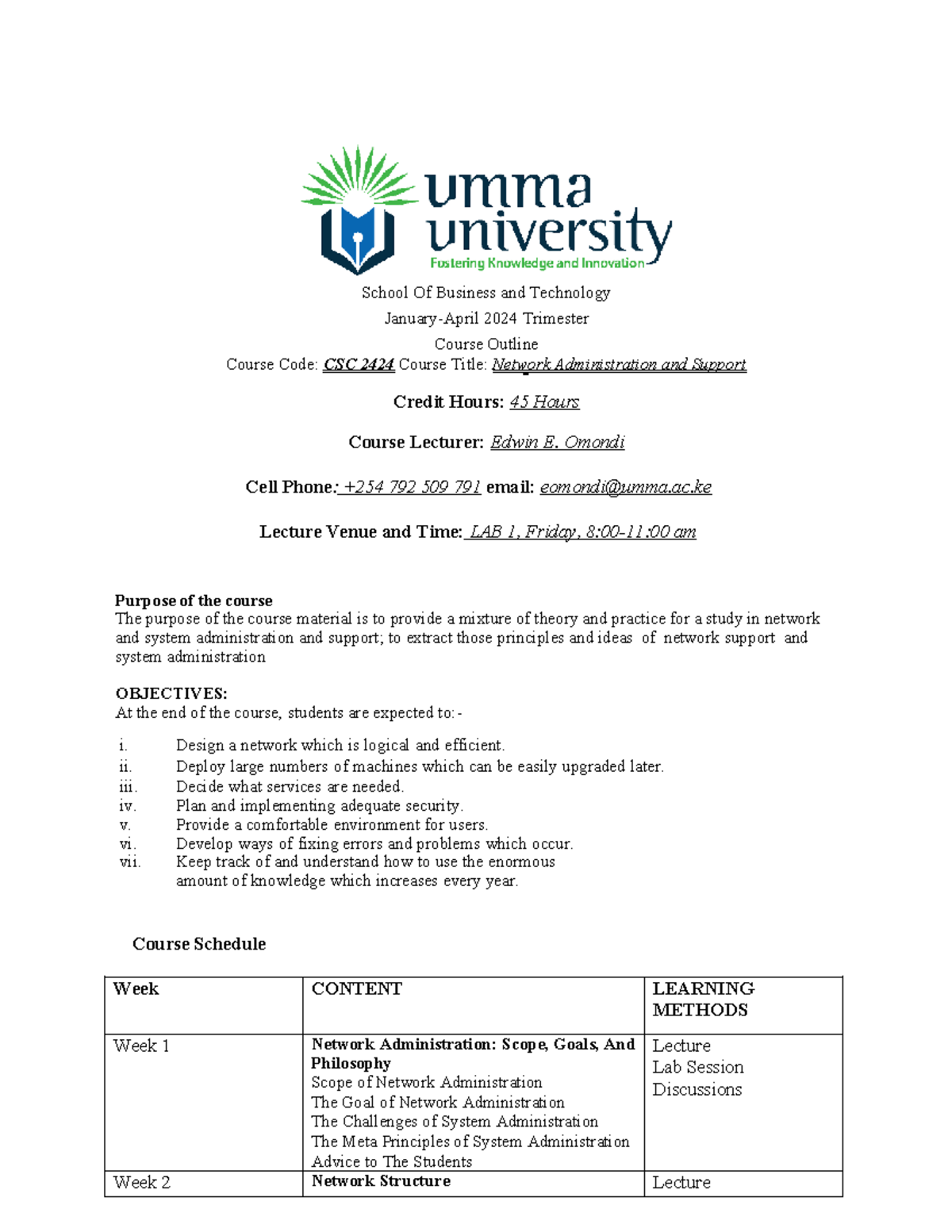 CSC 2424 Network Administration & Support Course Outline 2024 - Studocu