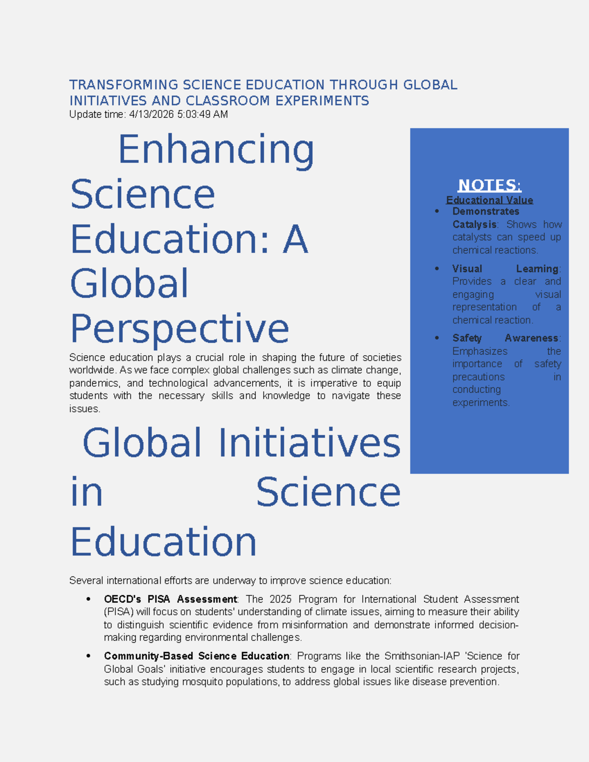 Transforming Science Education: Global Initiatives & Experiments - Studocu