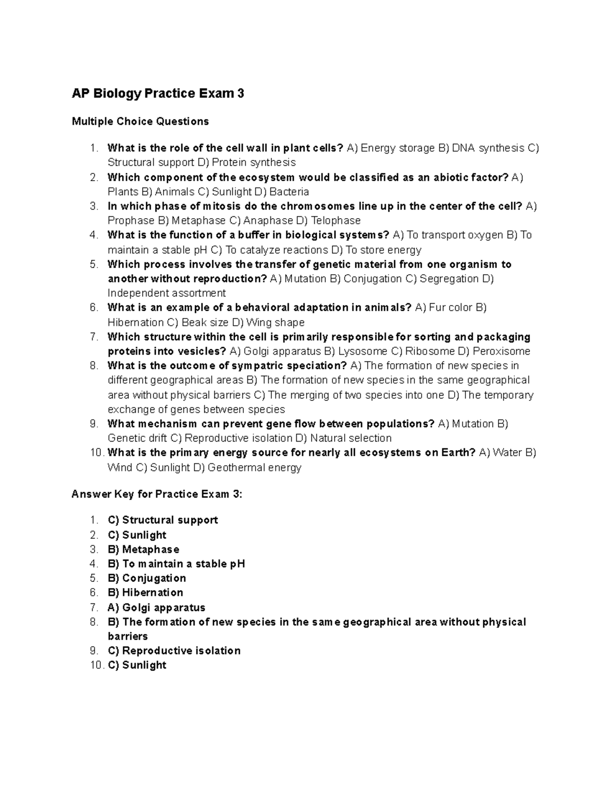 AP Biology Practice Exam 3: Multiple Choice Questions & Answers - Studocu