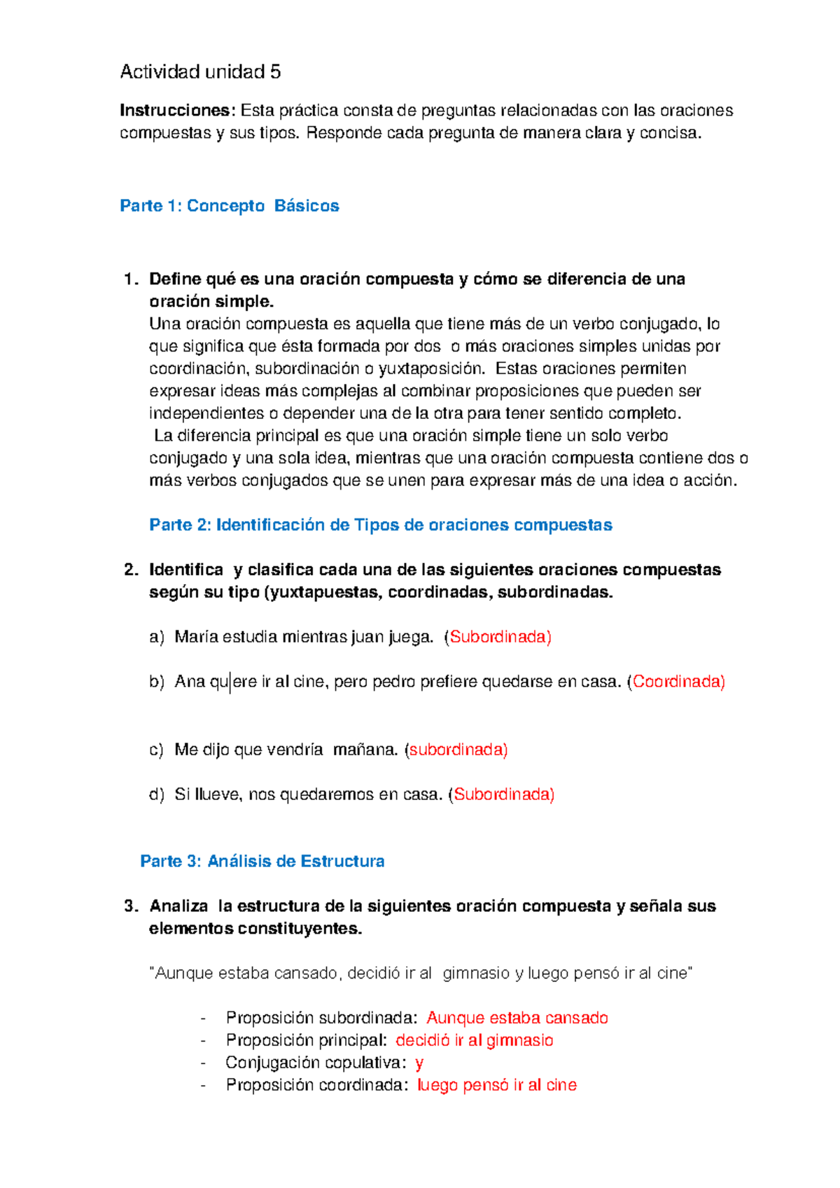 Actividad Unidad 5: Oraciones Compuestas y Tipos - Studocu