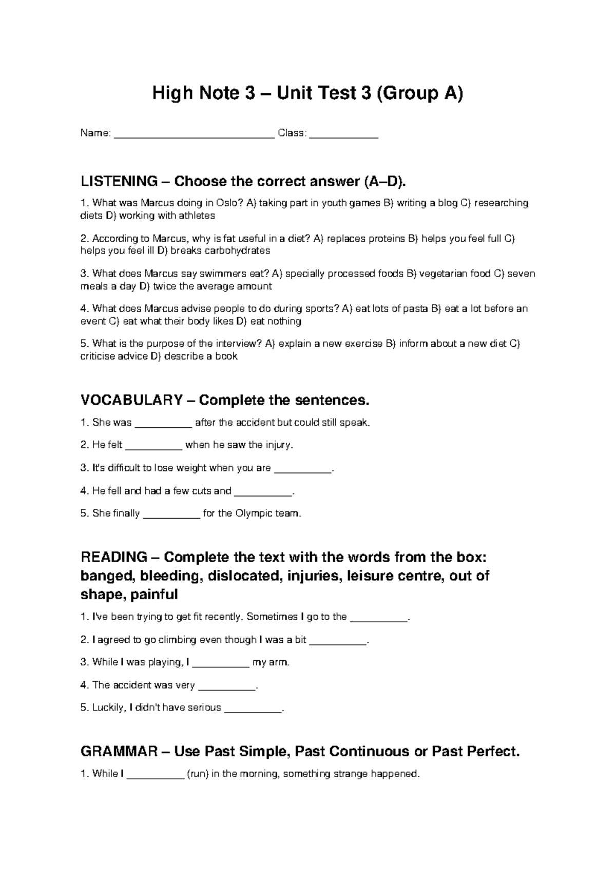 High Note 3 Unit Test 3 (Group A) Worksheet - Studocu