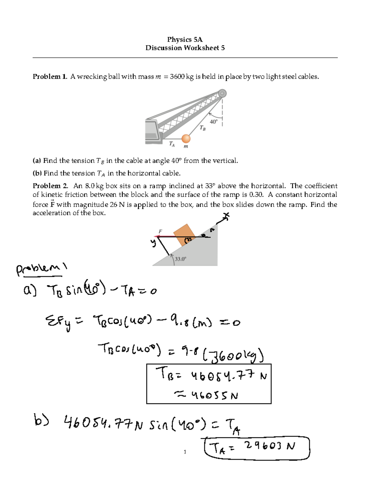 Phys5a-ws5 - Worksheet - Physics 5A Discussion Worksheet 5 Problem 1. A ...