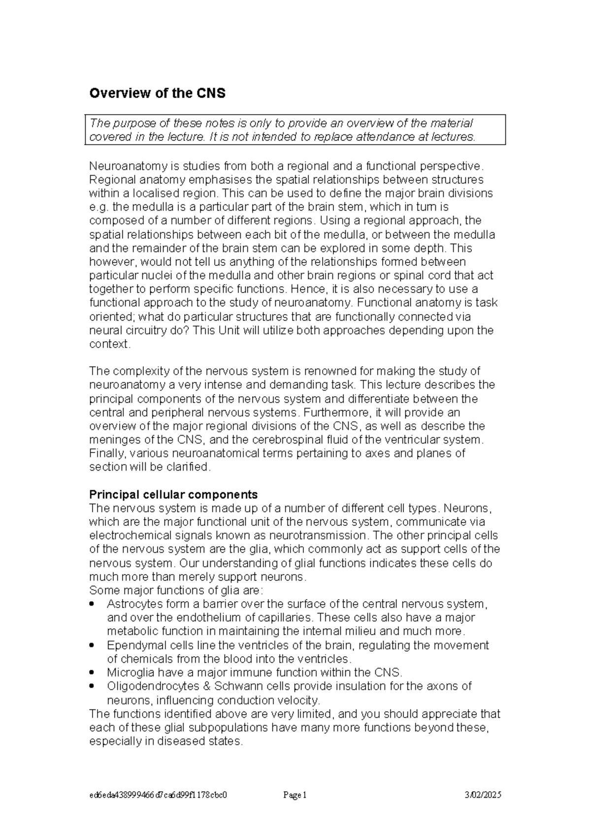 CNS overview 2020 - Notes - Overview of the CNS The purpose of these ...