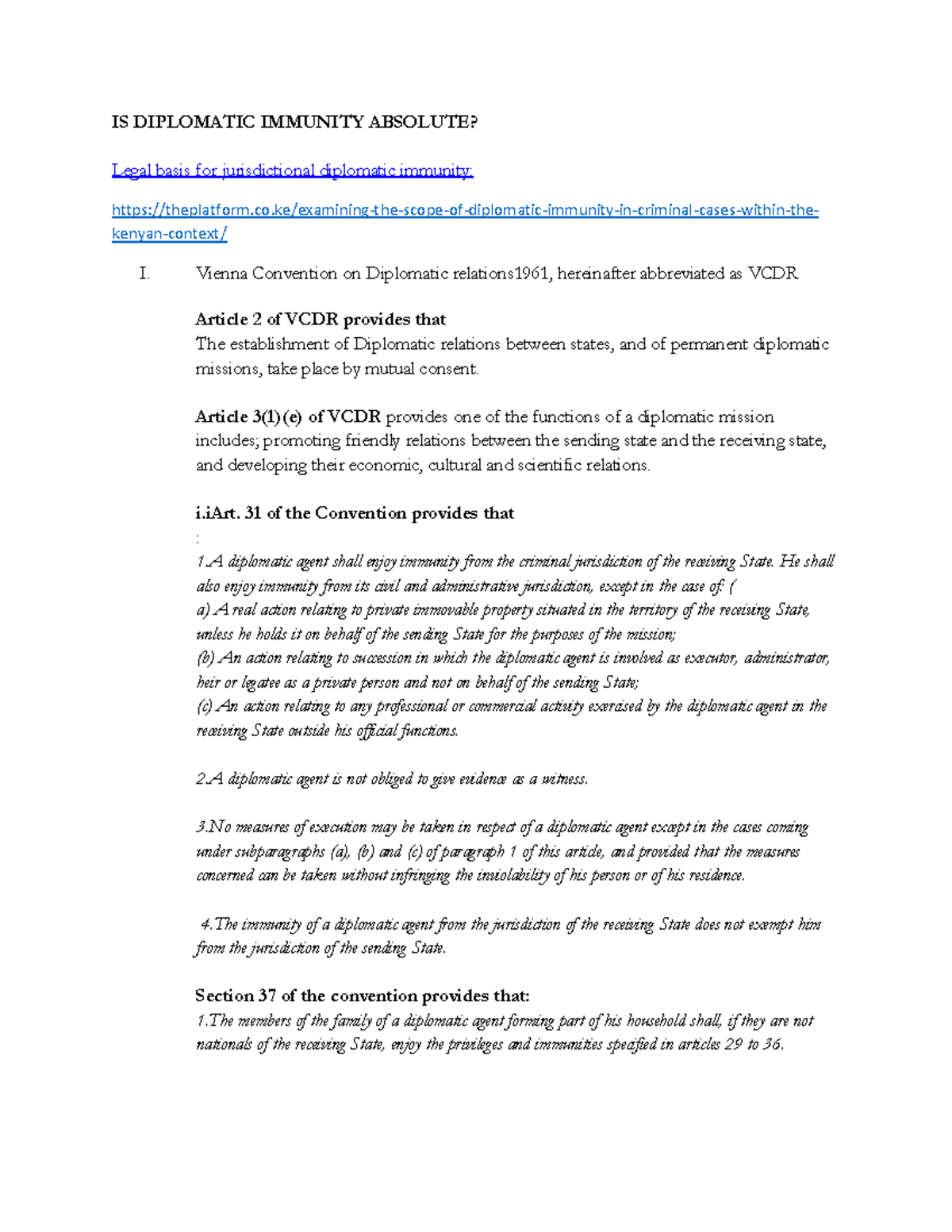 IS DIPLOMATIC IMMUNITY ABSOLUTE? A Critical Analysis of VCDR Principles ...