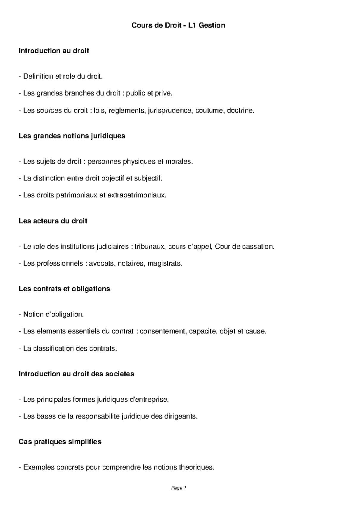 Cours de Droit L1 Gestion: Notions Fondamentales et Cas Pratiques - Studocu