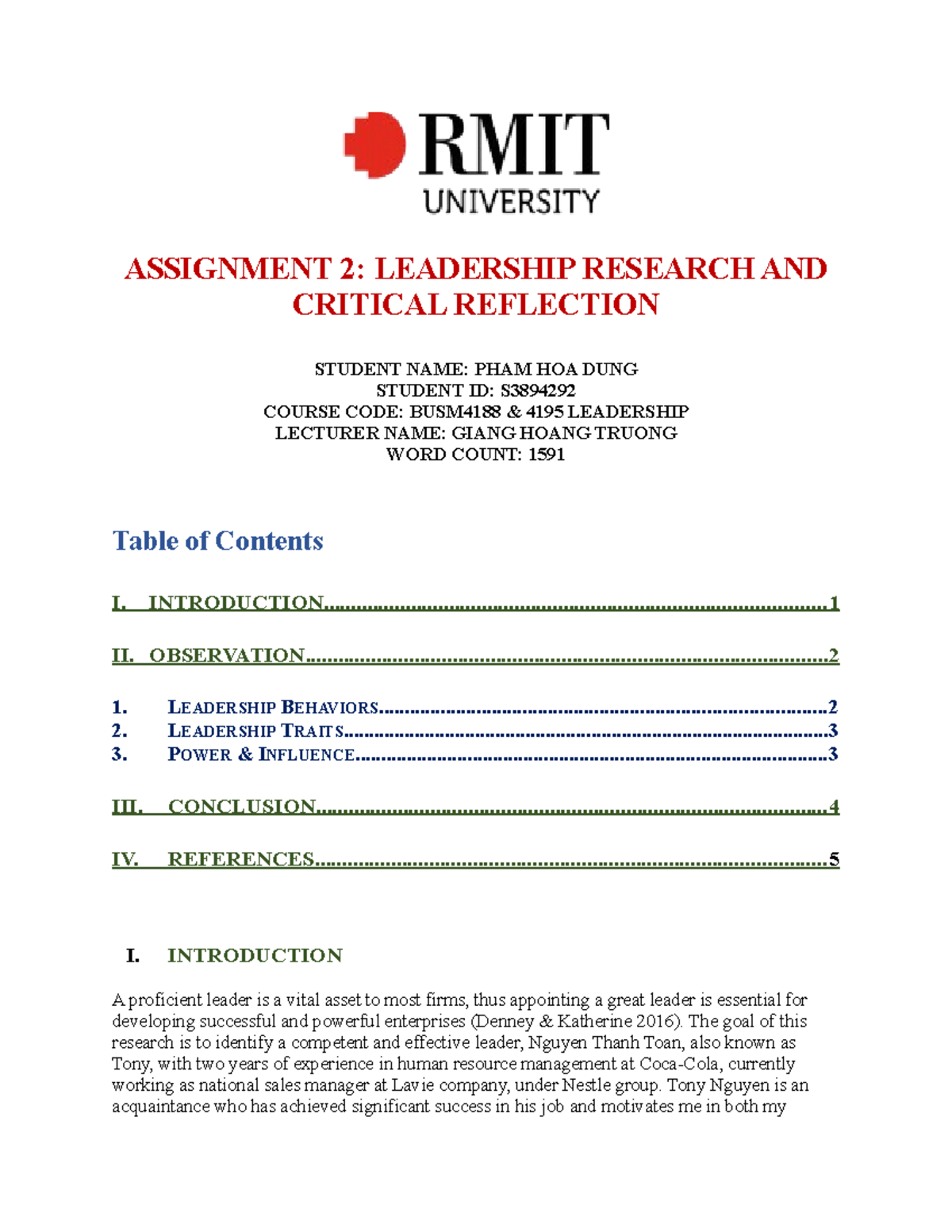 BUSM4188 & 4195 Final Assignment: Leadership Research & Reflection ...