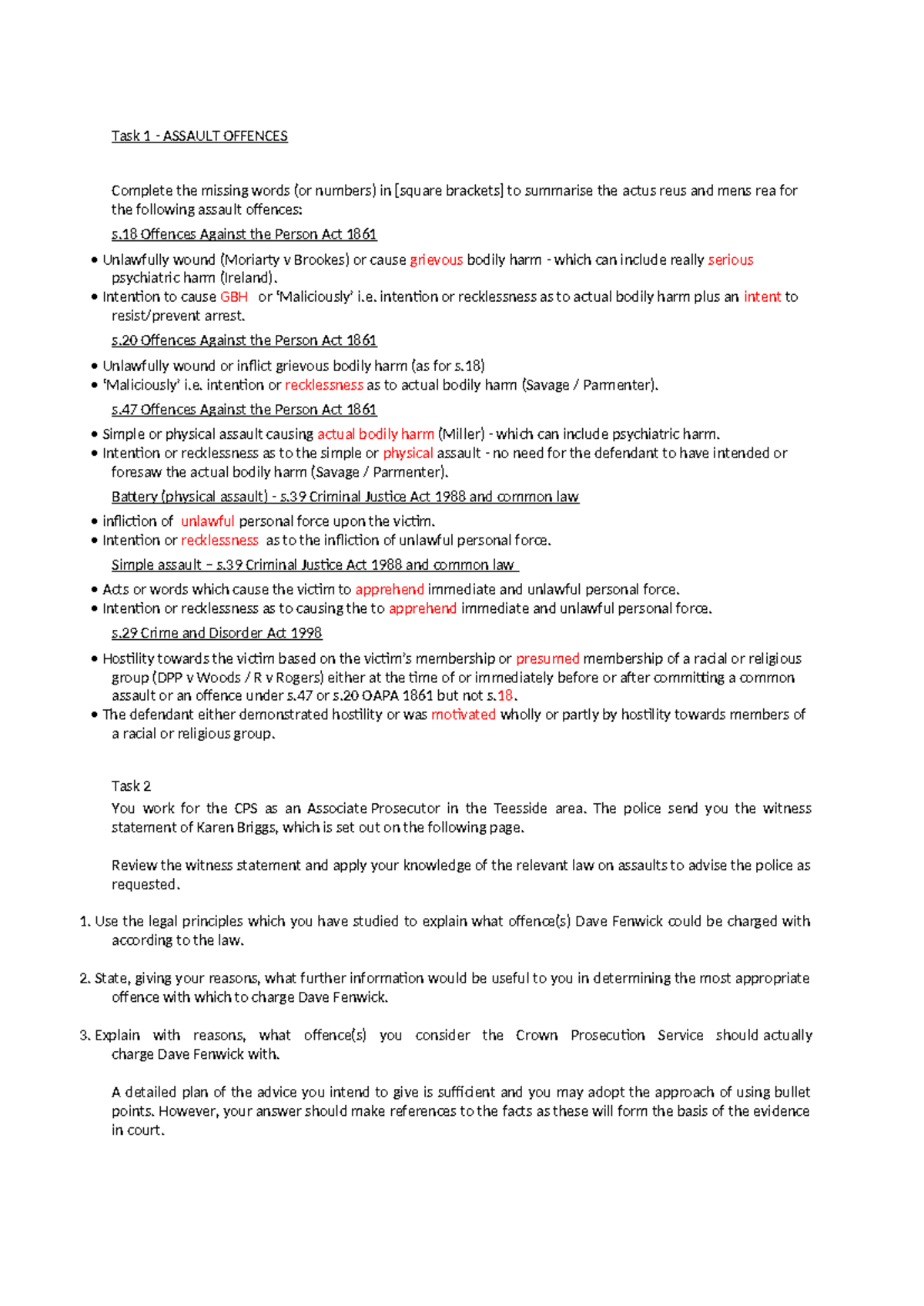 Criminal Law - Assault Offences Summary & Application (Unit 5A) - Studocu