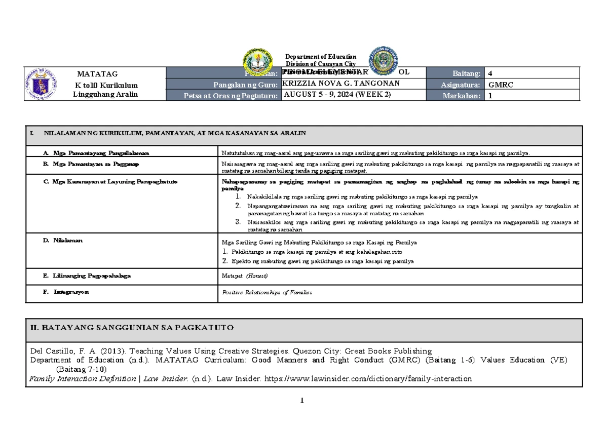 DLL Matatag GMRC 4 Q1 W7 - Weekly Lesson Log on Responsible Care for ...
