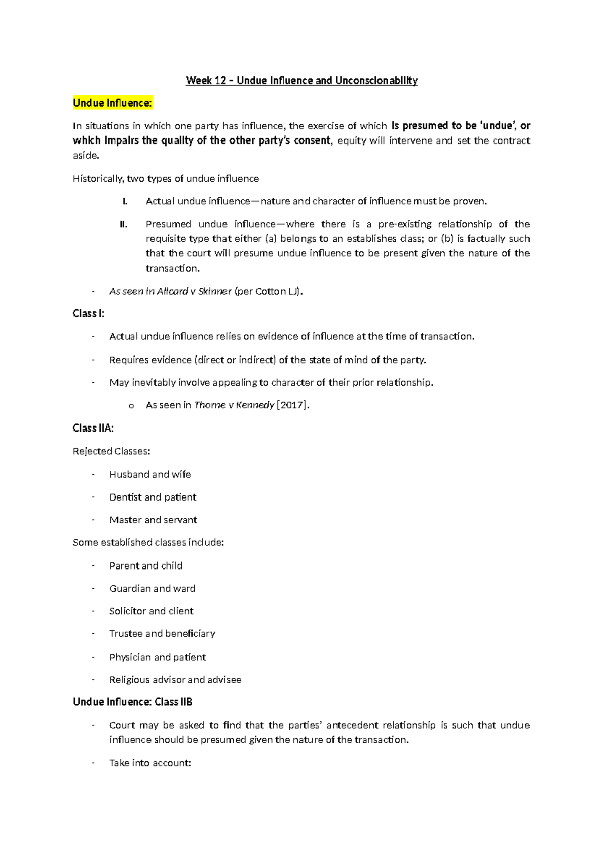 Week 12 & 13: Summaries on Undue Influence & Unconscionability - Studocu