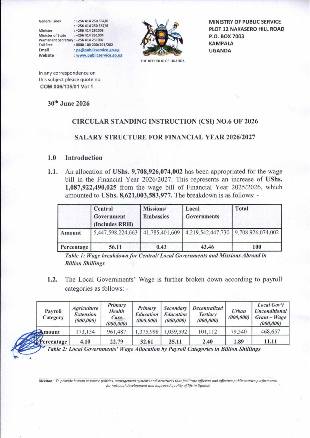Circular Standing Instruction CSI No. 6 of 2026: Salary Structure ...