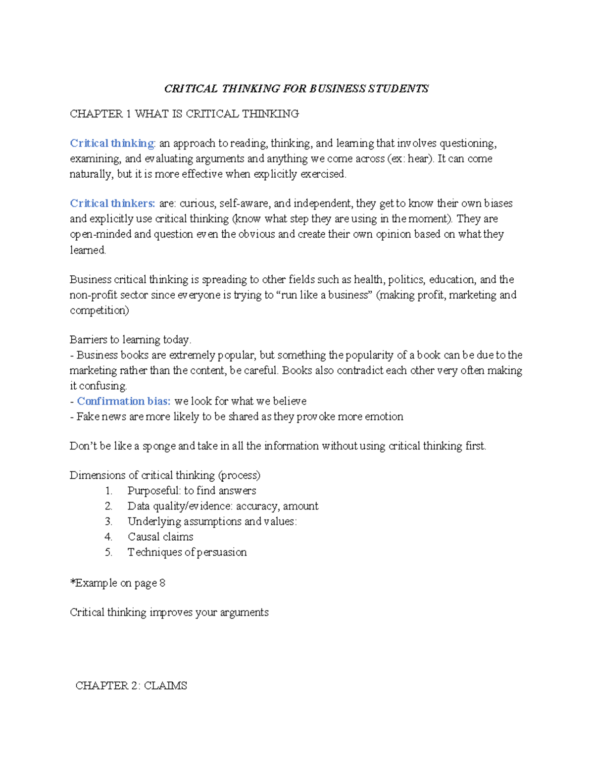 Critical Thinking for Business Students: Chapter Insights and Key ...