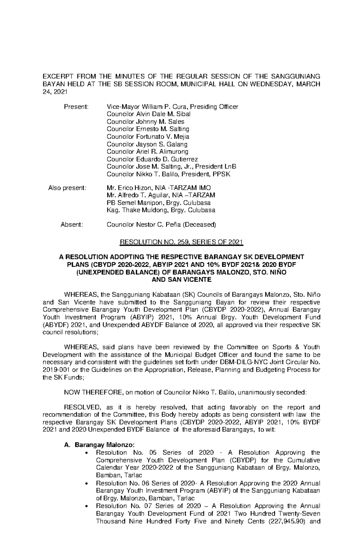 Resolution No. 259 Series of 2021 - EXCERPT FROM THE MINUTES OF THE ...