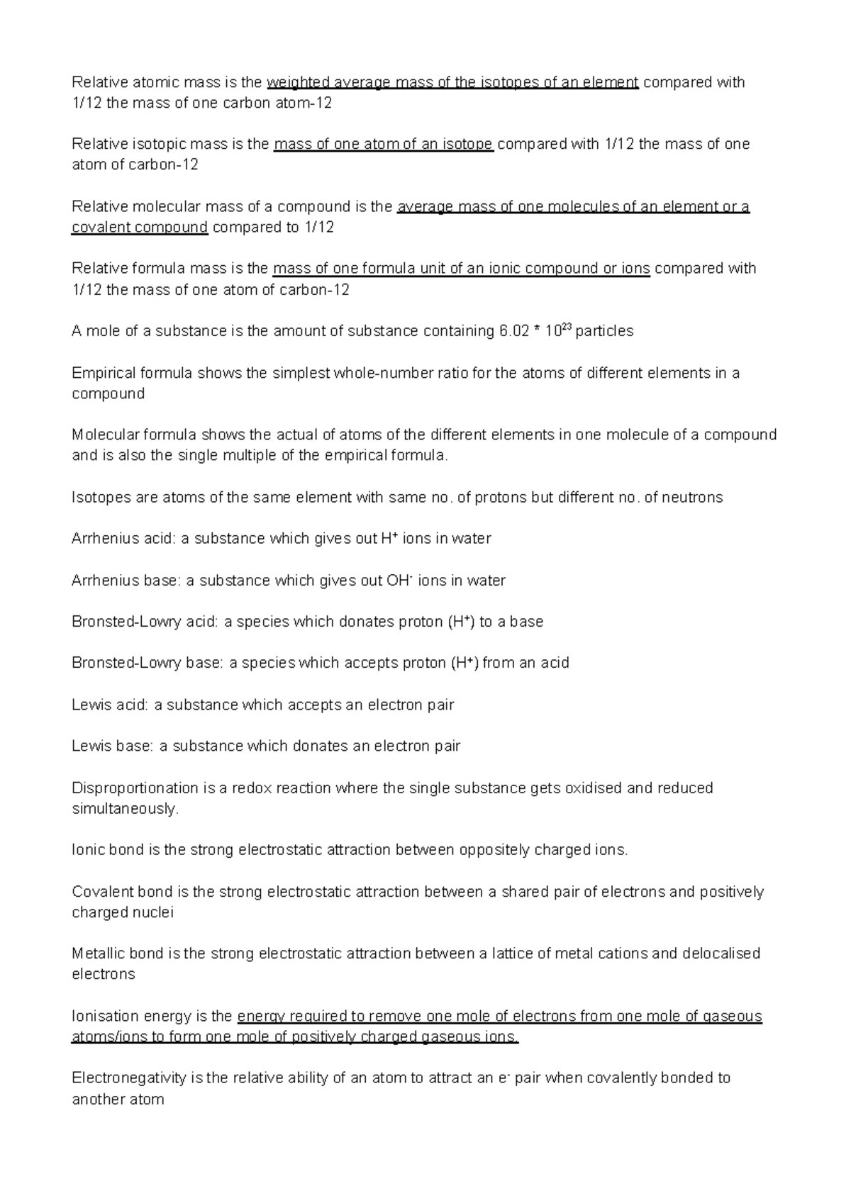 H2 Chemistry Definitions: Key Concepts and Terms Explained - Studocu