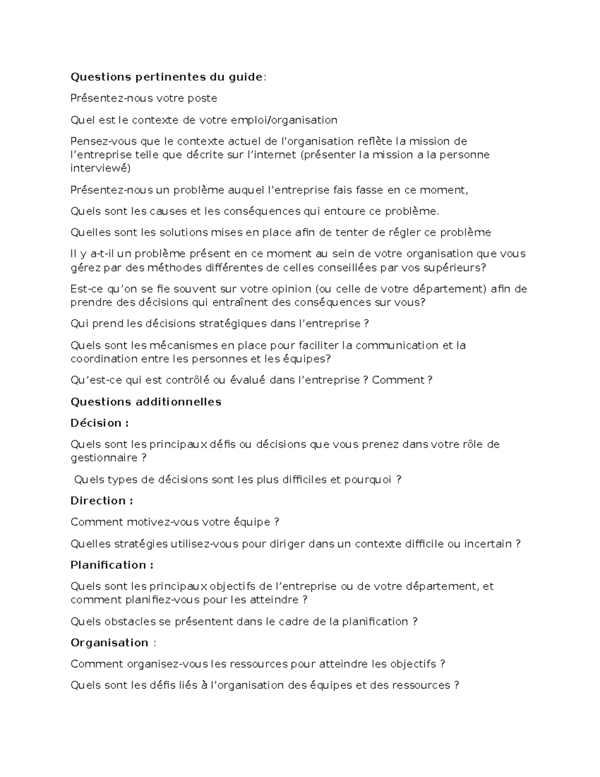 Questions entrevue Managment - Questions pertinentes du guide ...