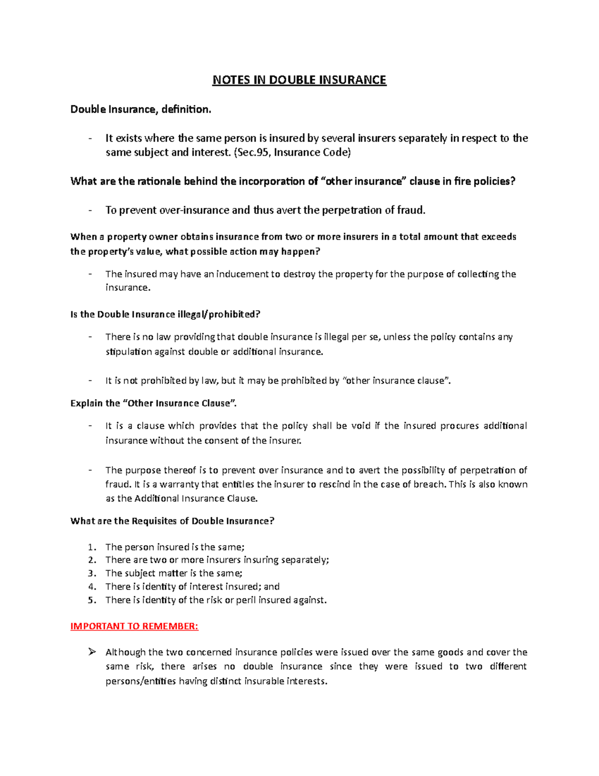 Notes on Double Insurance: Definitions and Key Concepts - Studocu