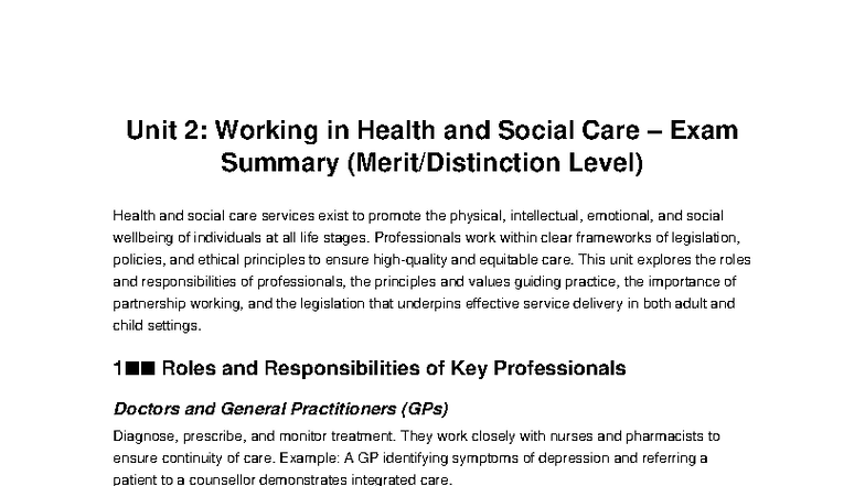 Unit2 Working in Health and Social Care Exam Summary - Unit 2: Working ...