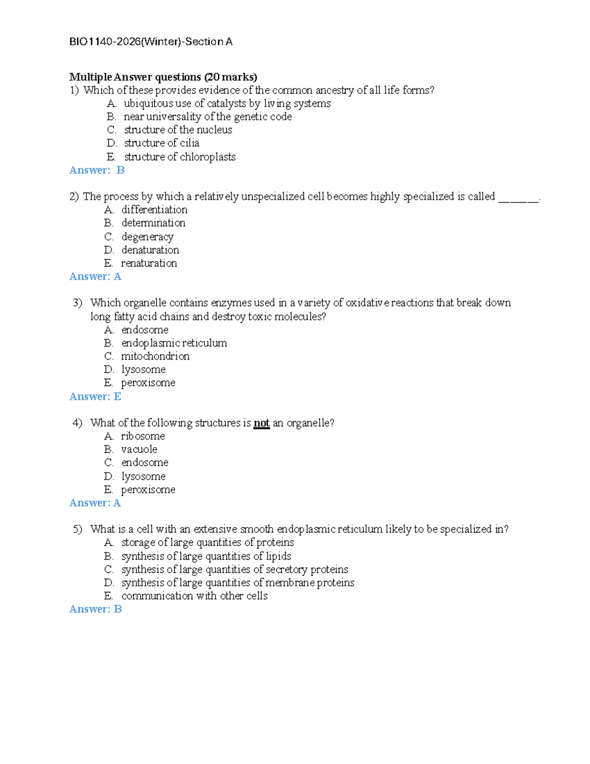 BIO1140-20261-Midterm 1-Section A-Answer Key and Marking Scheme - Studocu