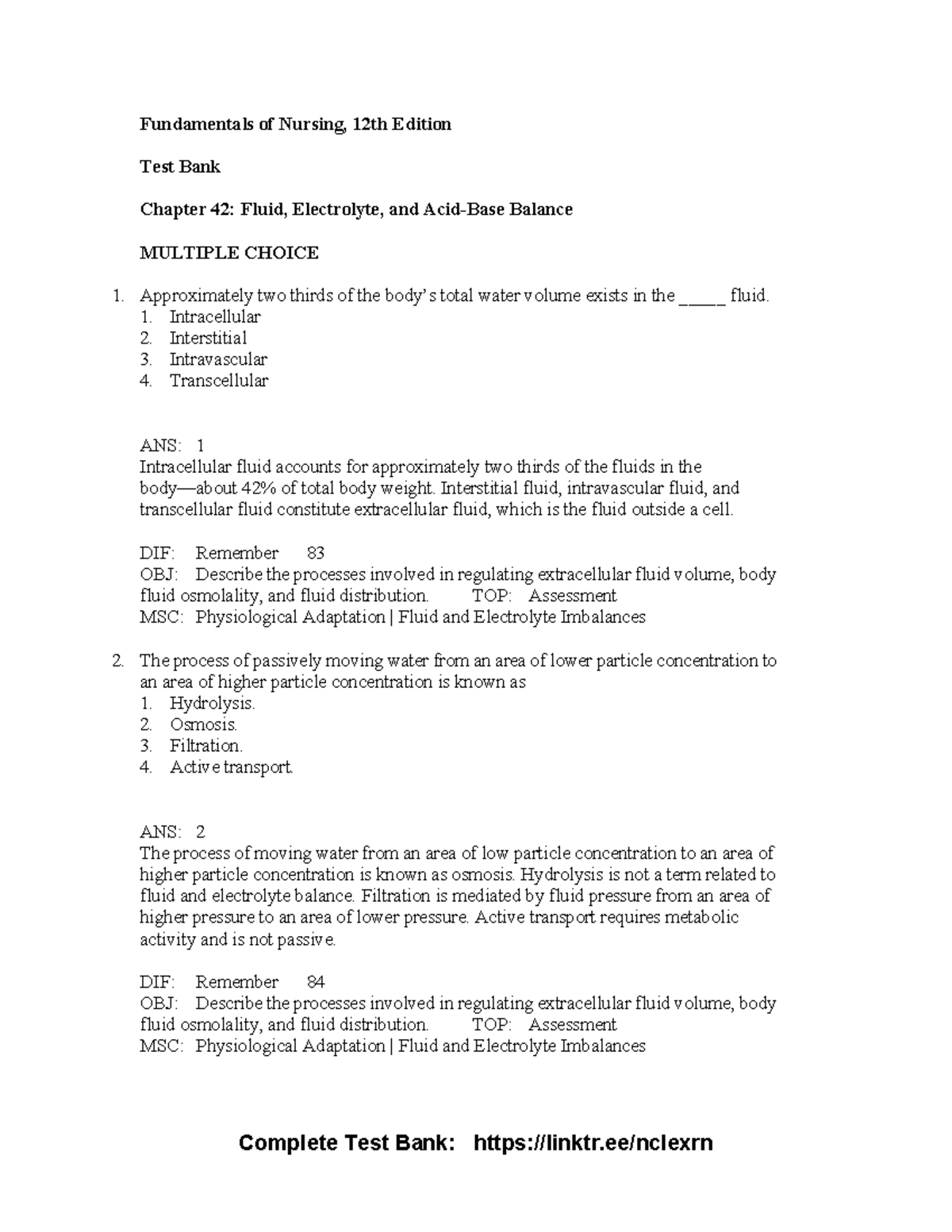 Fluid, Electrolyte, and Acid-Base Balance Test Bank for Nursing (12th ...