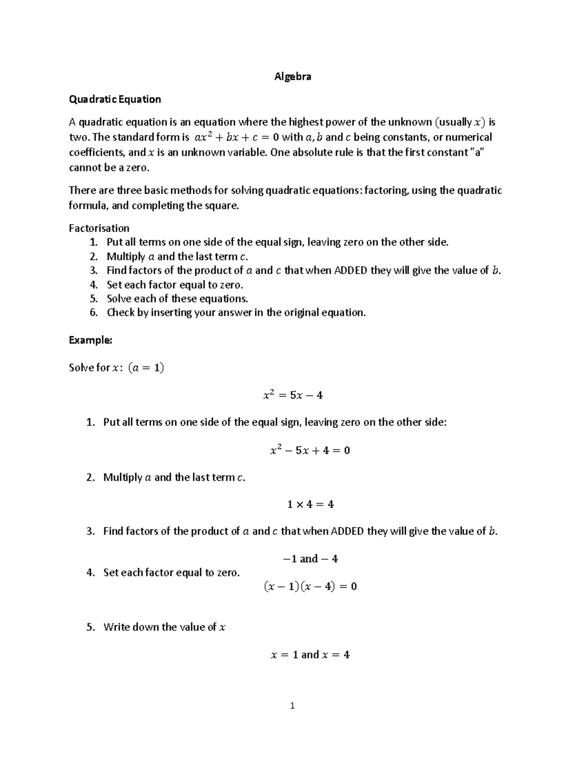 Grade 12 Term 1 Algebra Topic 1: Quadratic Equations & Inequalities ...