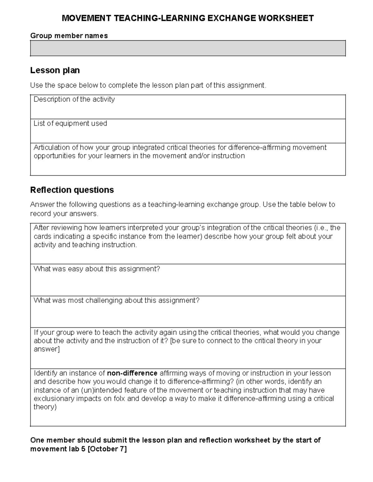 B1 F. Movement Teaching-Learning Exchange Group Reflection Worksheet ...