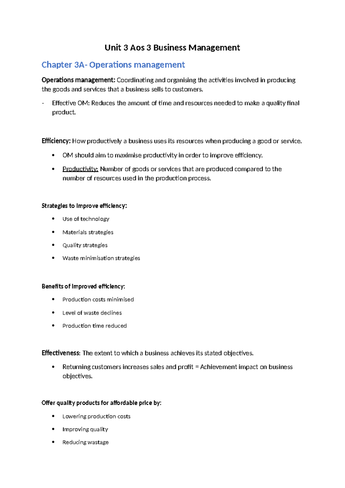Business Management: Operations Management Strategies (Unit 3 AOS 3 ...
