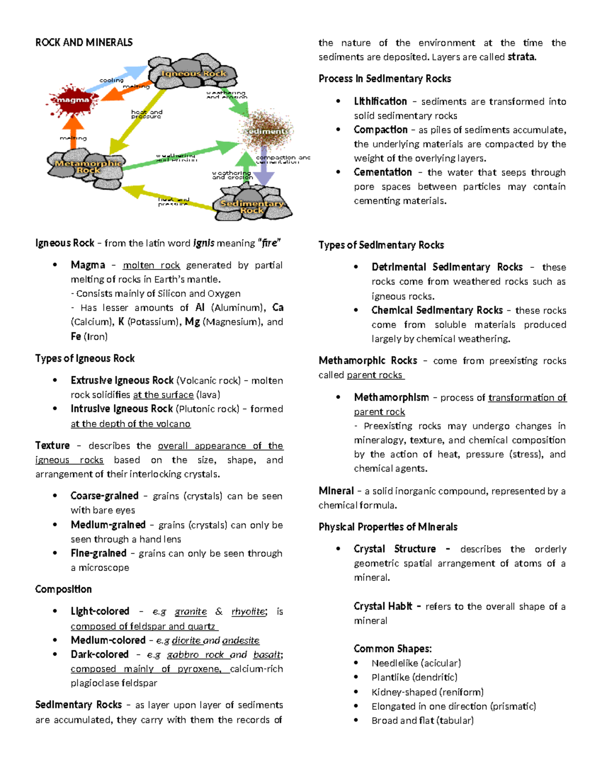 EarthSci 11 - Midterm Notes on Rocks and Minerals - Studocu