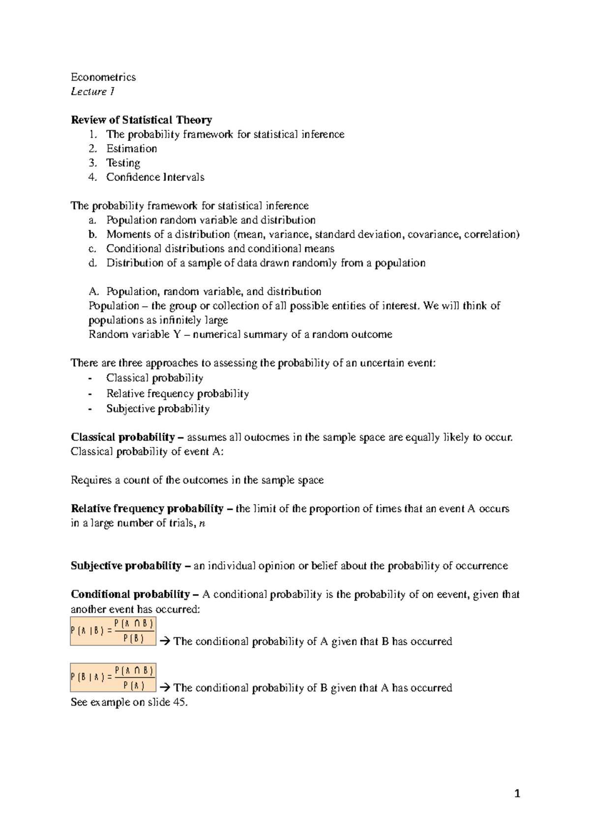 Econometrics Lecture Notes - Key Concepts and Statistical Methods ...