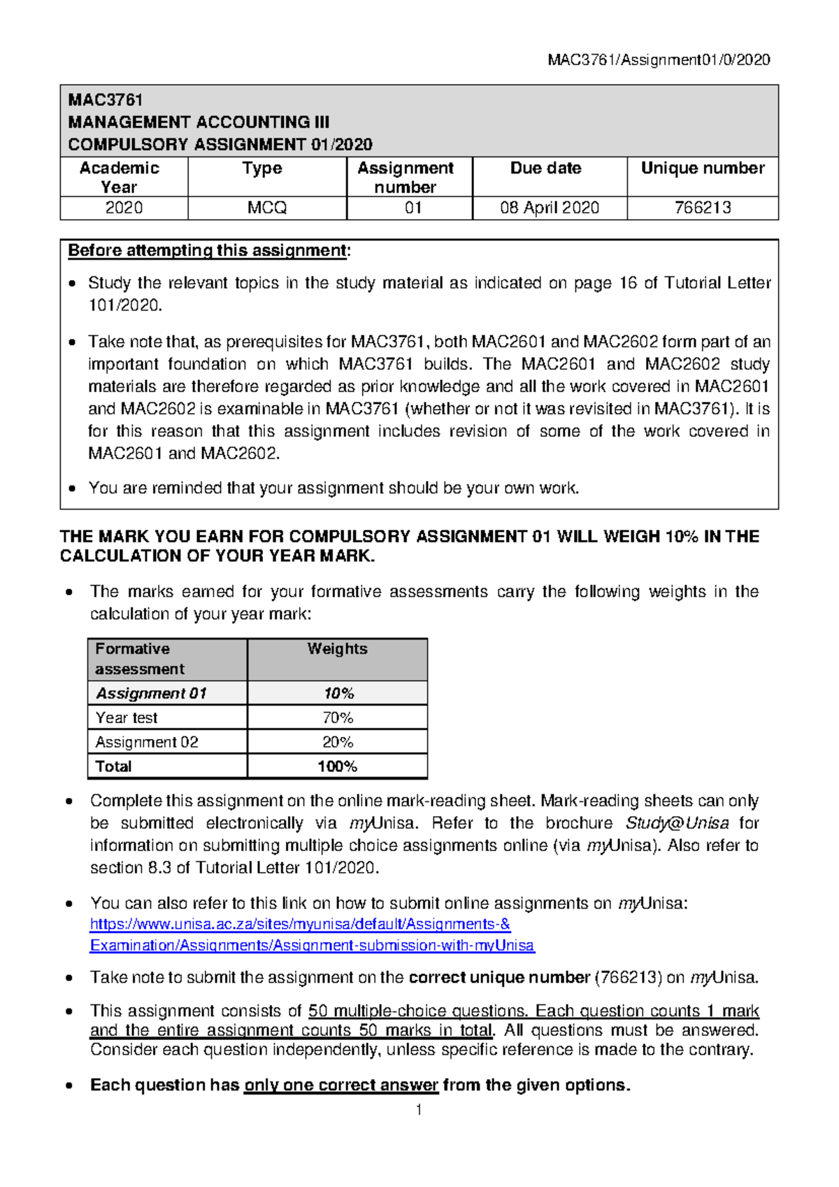 MAC3761 Compulsory Assignment 01 - Multiple Choice Questions 2020 - Studocu