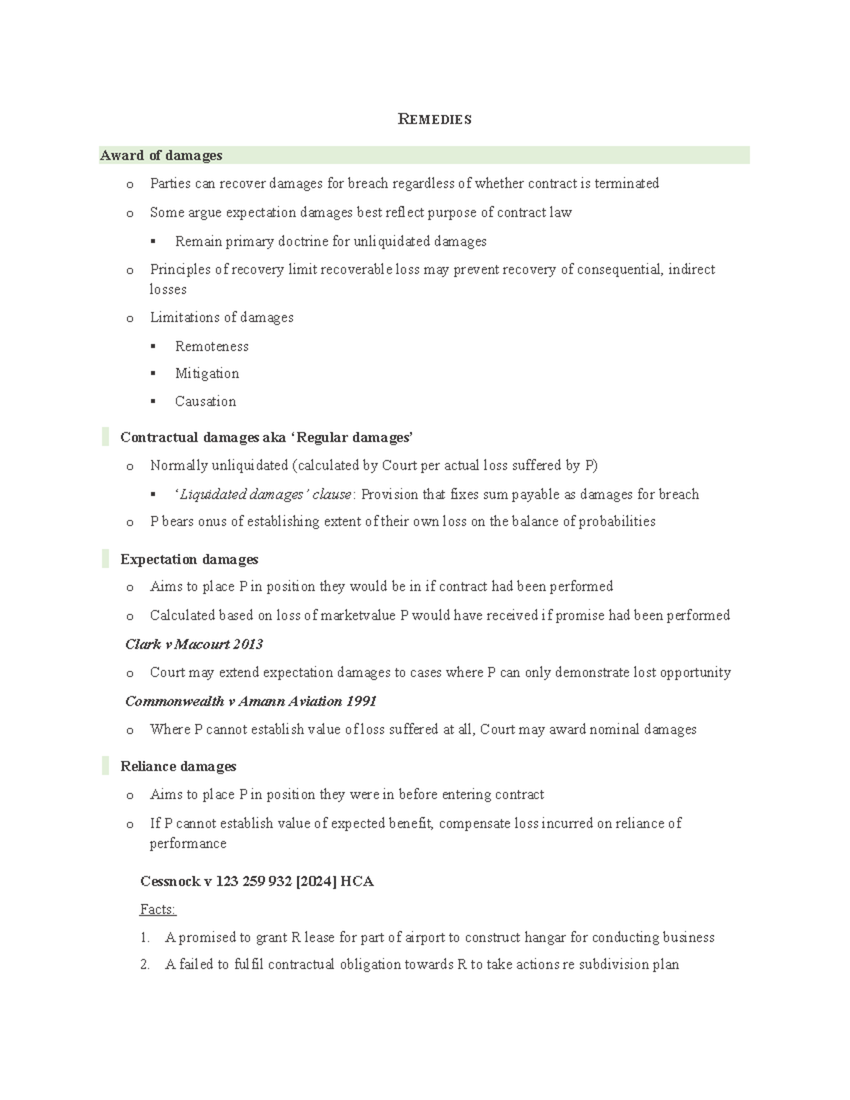 REMEDIES: Award of Damages and Principles of Recovery (LAW 101) - Studocu