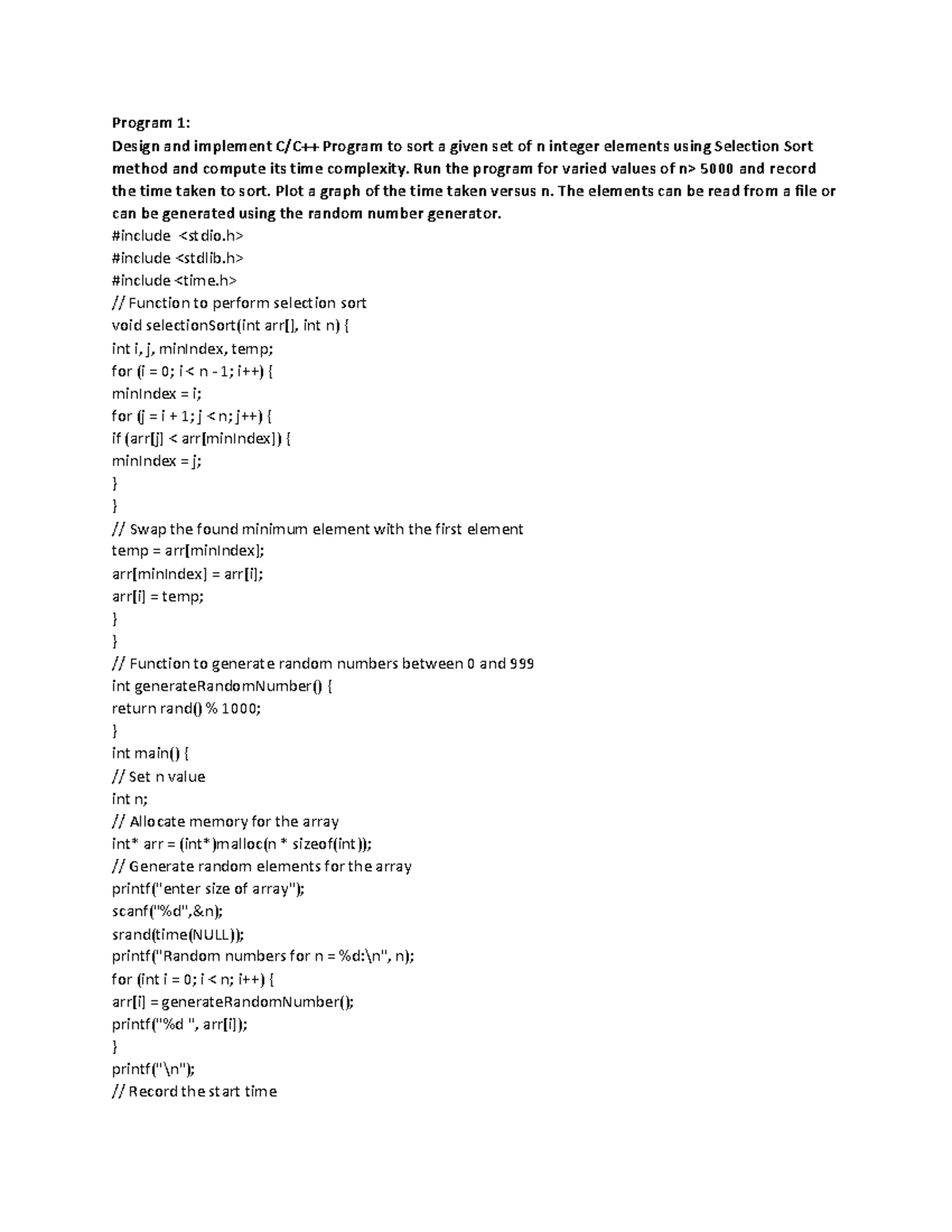 Prg 1: Selection Sort Implementation & Time Complexity Analysis - Studocu