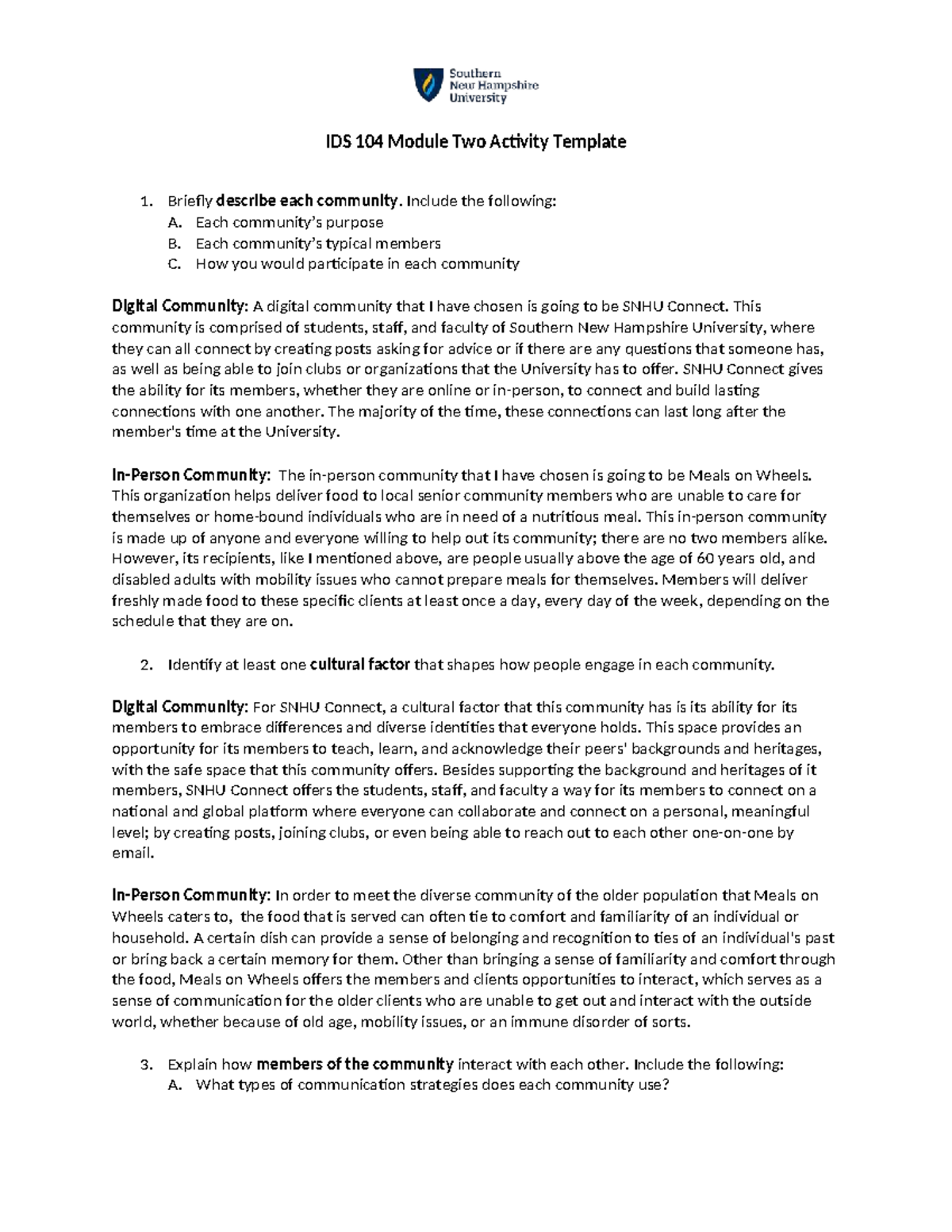 IDS 104 Module Two Community Engagement Activity Analysis - Studocu
