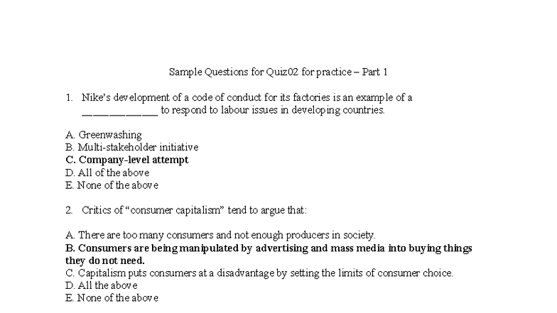 Sample Questions for Quiz 02 Practice on Global Business Issues - Studocu