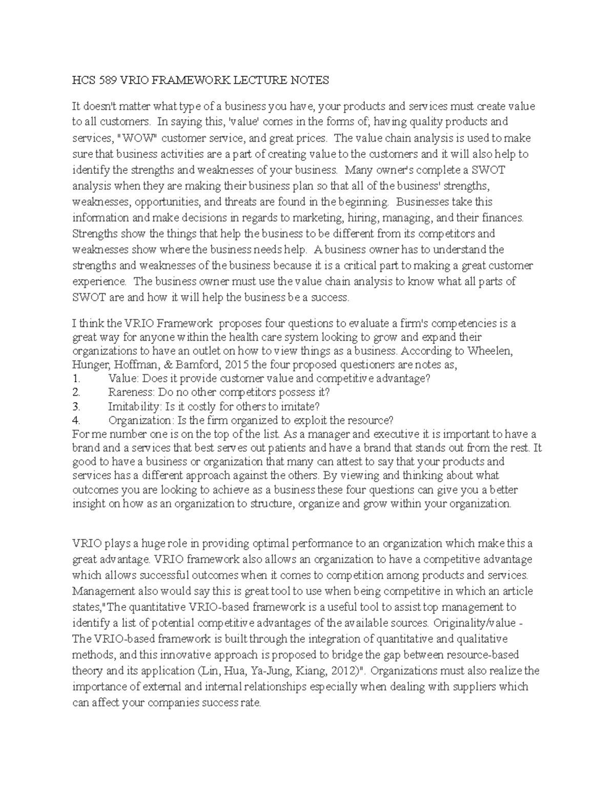 HCS 589 VRIO Framework Lecture Notes - HCS 589 VRIO FRAMEWORK LECTURE ...