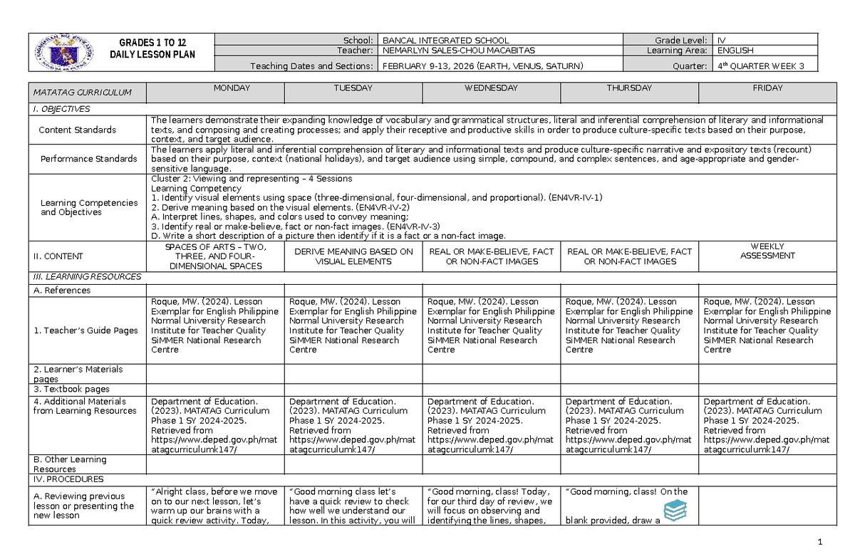 DLP: English 4th Quarter Week 3 Lesson Plan (Grades 1-12) - Studocu