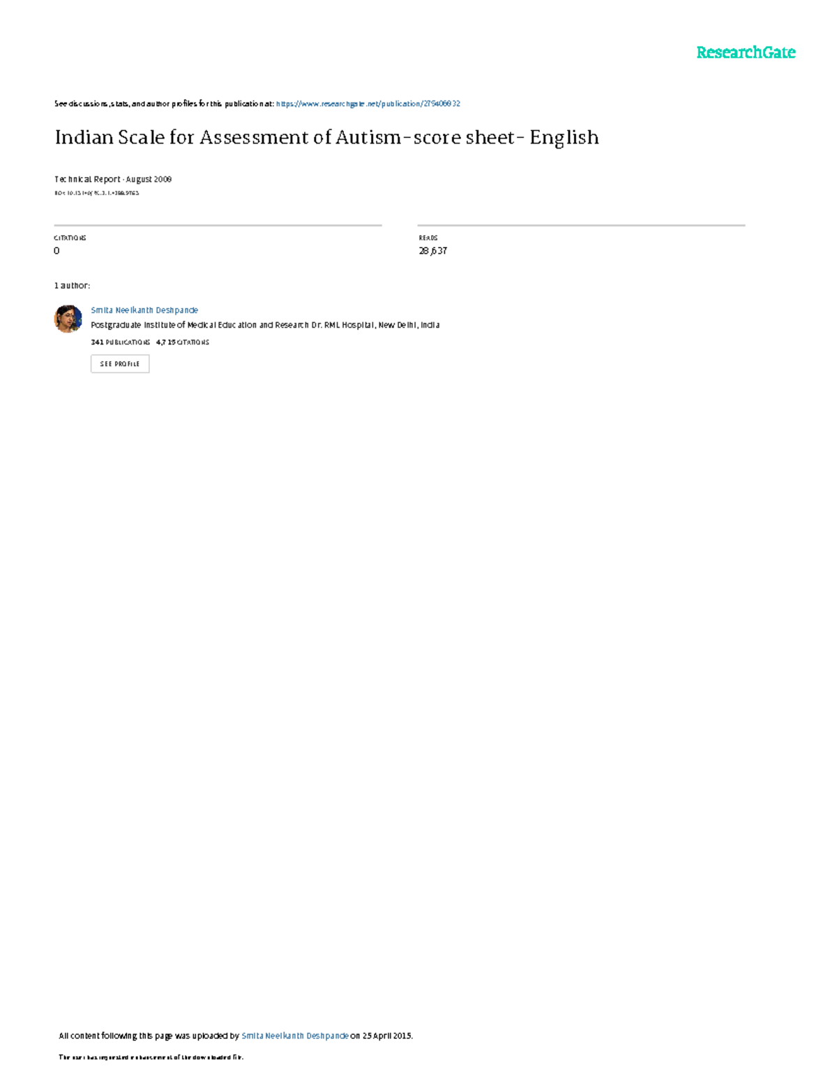 Indian Scale for Assessment of Autism: Technical Report (2008) - Studocu