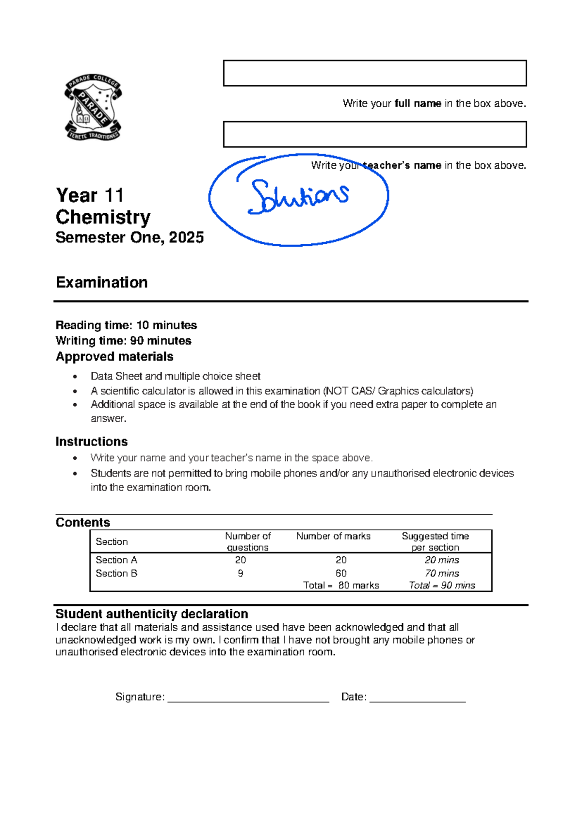 2025 VCE Chemistry Unit 1 Exam Solutions and Guidelines - Studocu