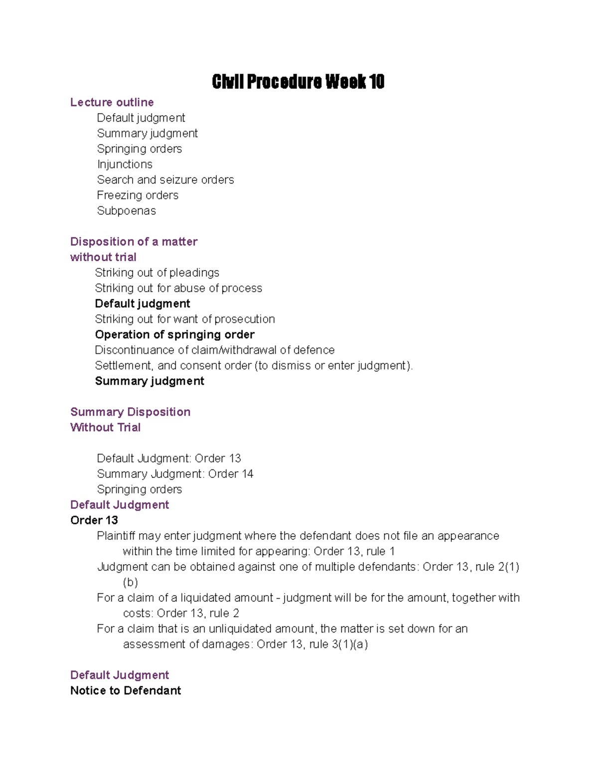 Civil Procedure Lecture Notes: Default & Summary Judgment (Wk 10) - Studocu