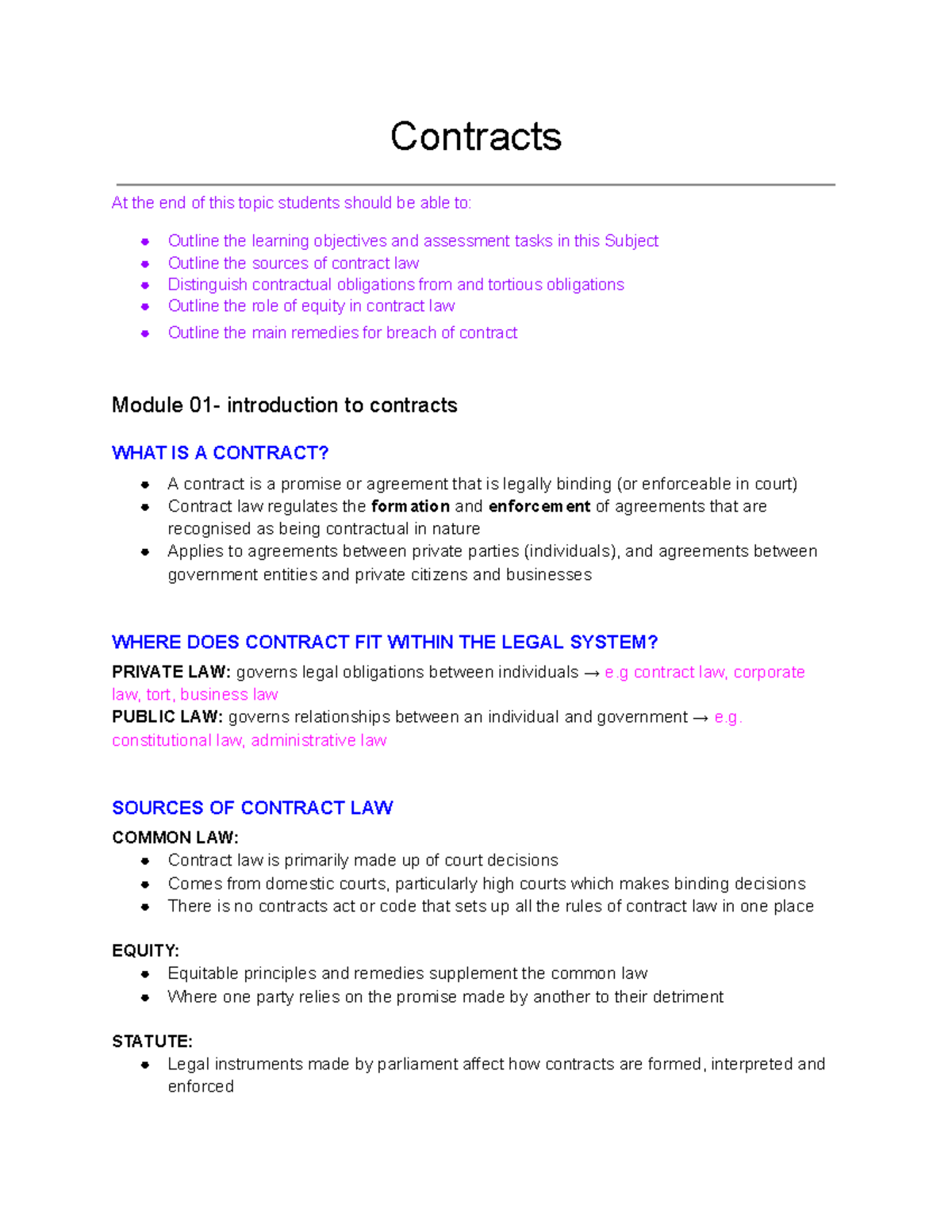 LAWS2003 - Contracts Law Basic Notes (Weeks 1-5) - Studocu