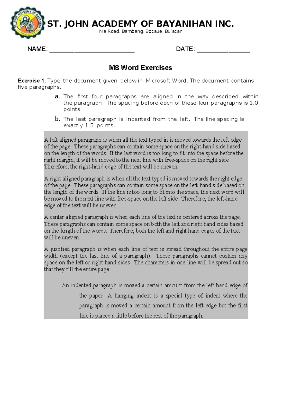 Grade 10 - Computer - MS Word Exercises for Hands-On Activity - Document Preview
